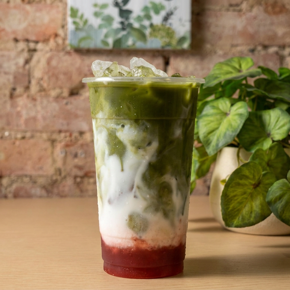 Layered iced matcha latte with milk and red fruit syrup in a clear cup on a wooden table beside a potted plant.