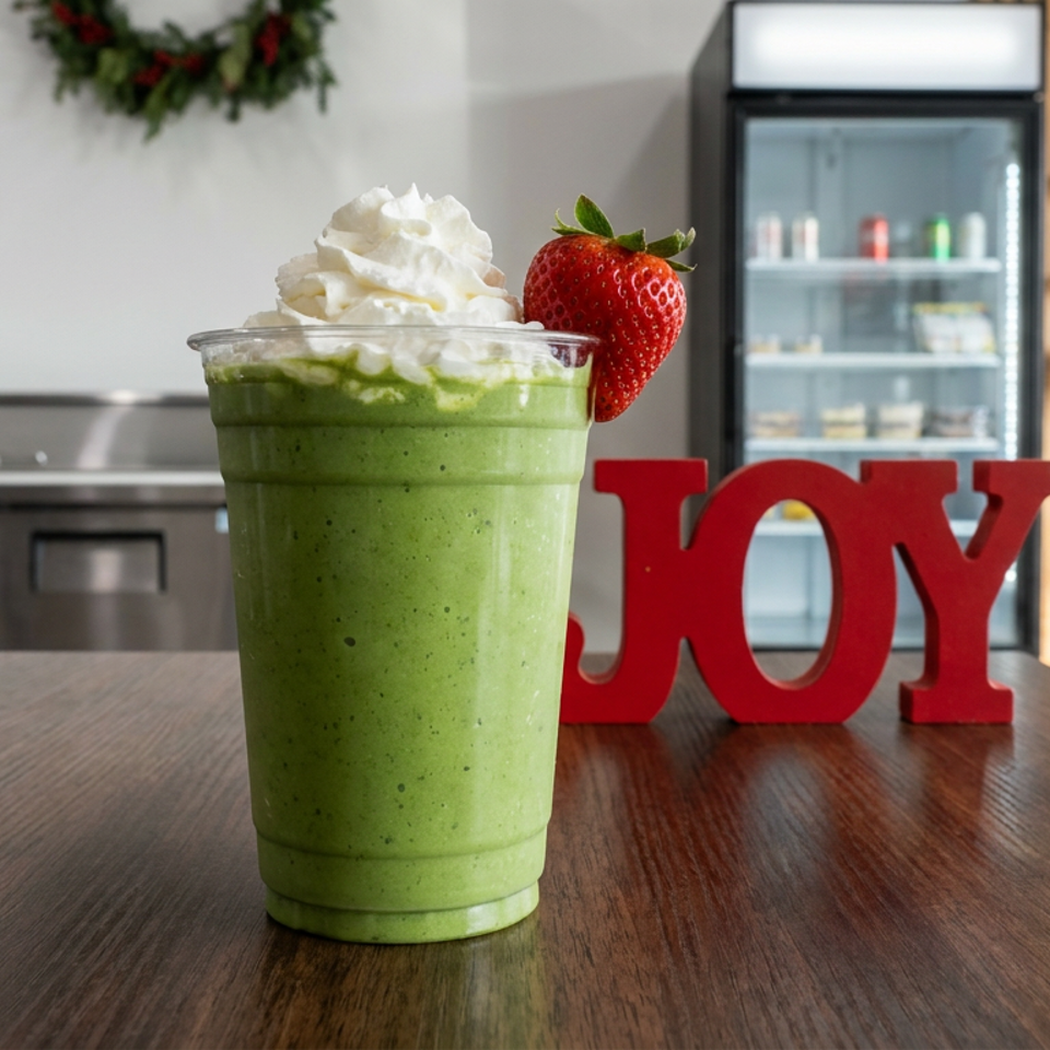 Green smoothie topped with whipped cream and a strawberry on a café table beside red LOVE letters.