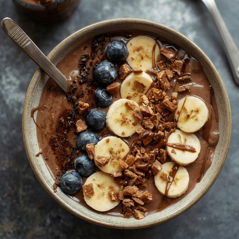 Chocolate smoothie bowl topped with banana slices, blueberries, granola, chia seeds, and chocolate drizzle on a dark tabletop.