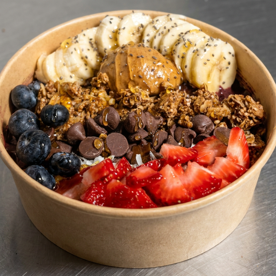 Açaí bowl topped with bananas, blueberries, strawberries, granola, chocolate chips, chia seeds, and peanut butter.