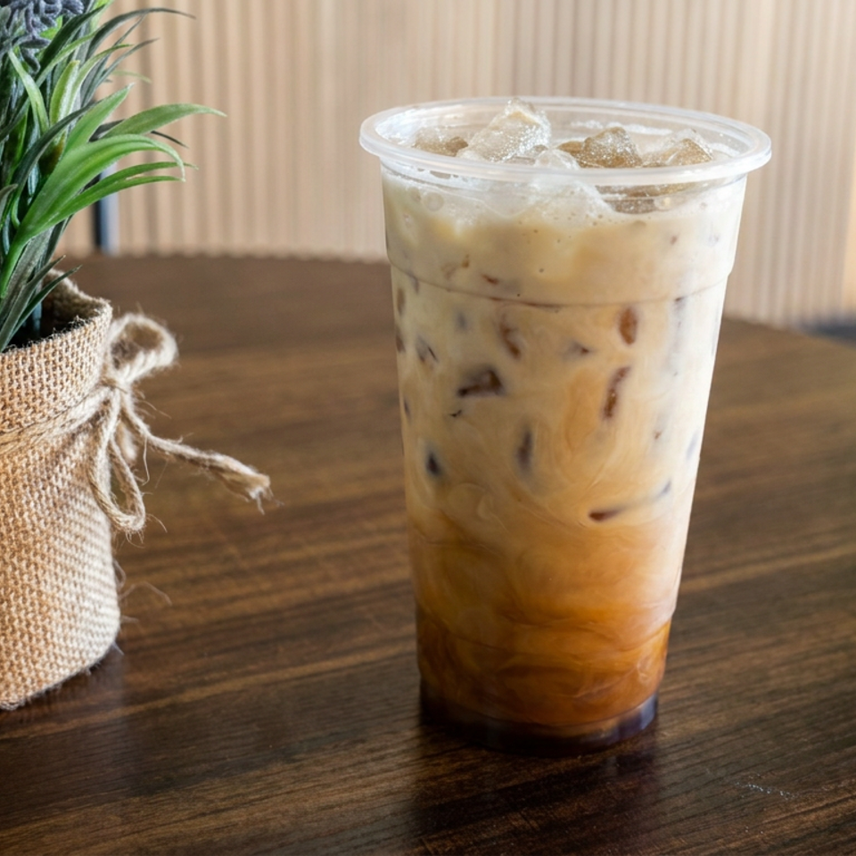 Iced layered coffee drink in a clear cup beside a burlap-wrapped potted plant on a wooden table.